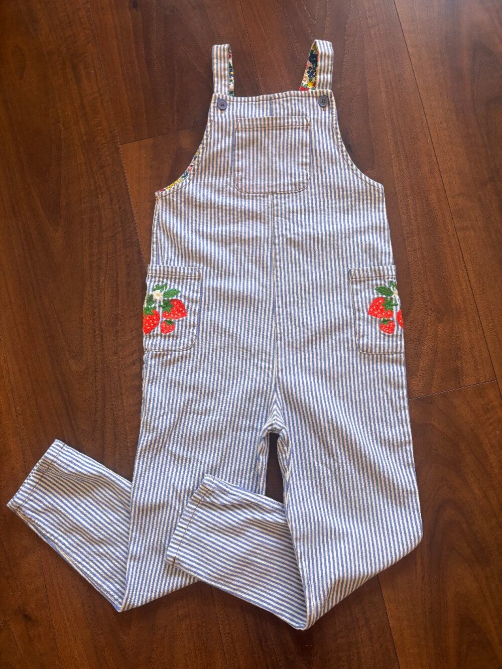 Mini Boden Striped Strawberry Girls Overalls - Size 7/8